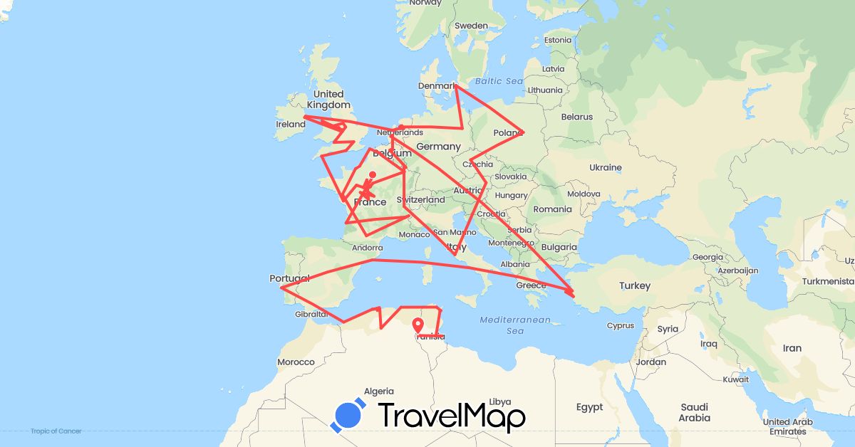 TravelMap itinerary: hiking in Austria, Belgium, Switzerland, Czech Republic, Germany, Denmark, Algeria, Spain, France, United Kingdom, Ireland, Italy, Luxembourg, Netherlands, Poland, Portugal, Tunisia, Turkey (Africa, Asia, Europe)